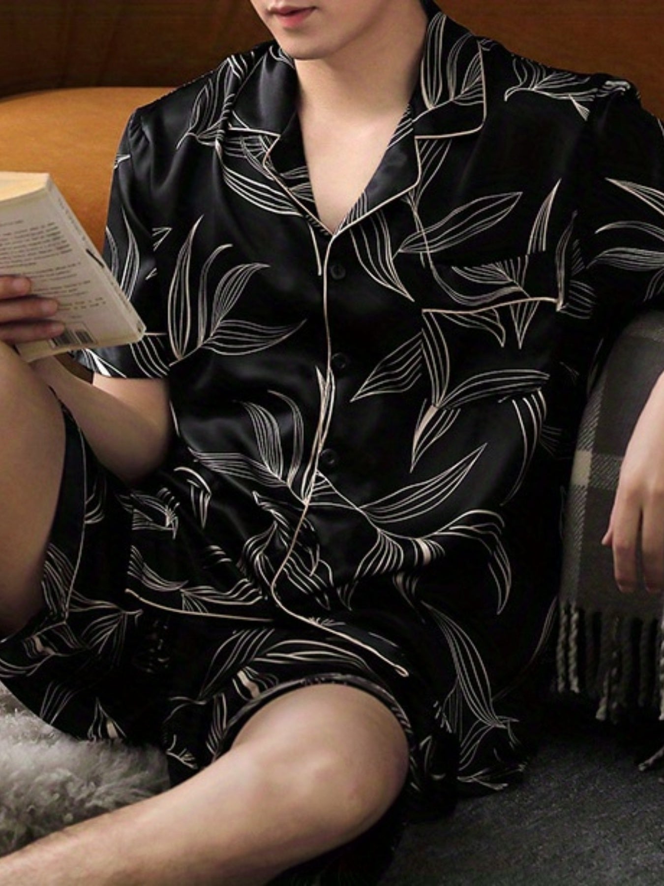 WW | Herren Sommer Eis Seide Pyjama Satz Mit Blumen Und Blättern Druck