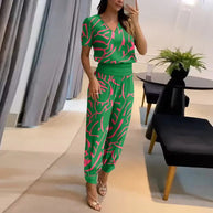 WW | Stilvoller Bedruckter Jumpsuit Mit V-ausschnitt Für Damen