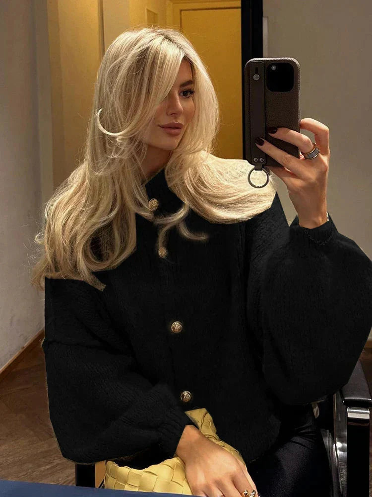 WW | gestrickte Damen Strickjacke mit hohem Kragen und weitem Schnitt