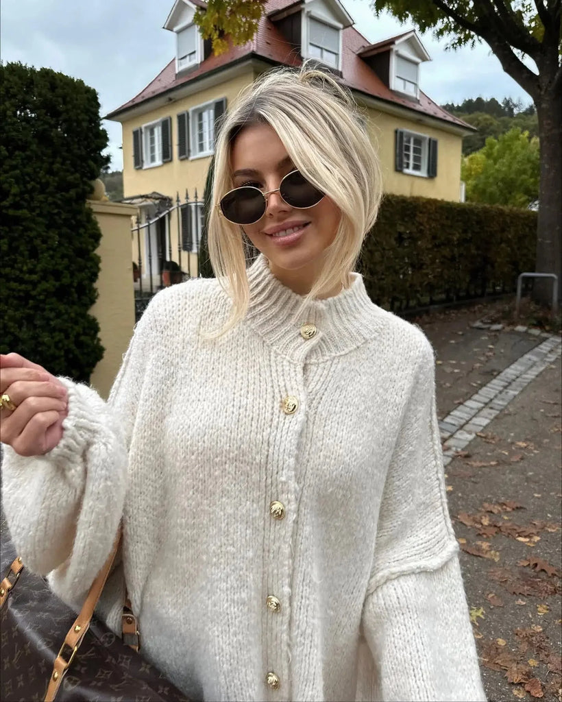 WW | gestrickte Damen Strickjacke mit hohem Kragen und weitem Schnitt