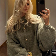 WW | gestrickte Damen Strickjacke mit hohem Kragen und weitem Schnitt