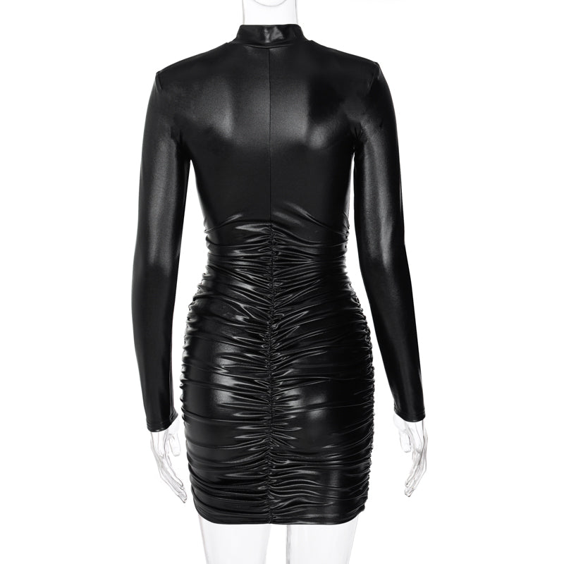 WW | Mini Kleid mit hohem Kragen und langen gerafften Ärmeln