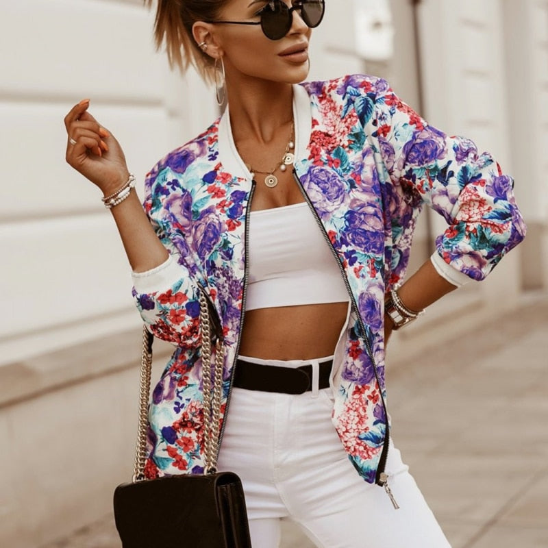 WW Jazzy Blumen-Bomberjacke: Elegante Damenjacke mit Reißverschluss und Blumenmuster, Langarm, Vintage, Schlanker Schnitt, 4 Farben