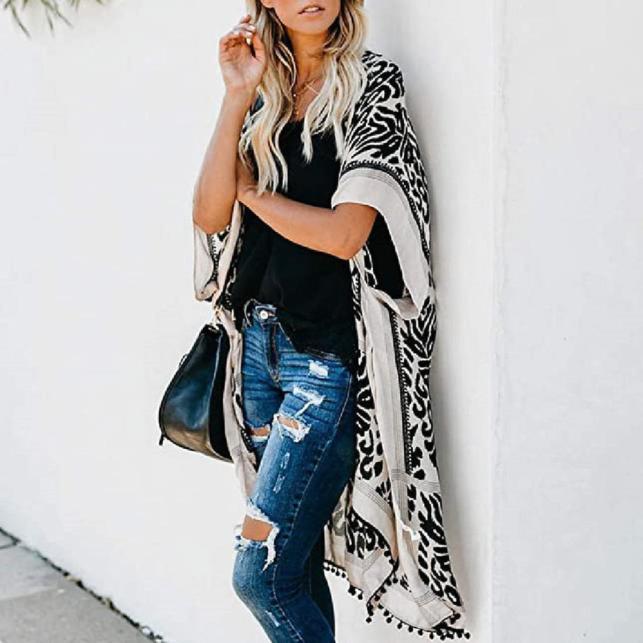 WW | Böhmischer Kimono mit Blattdruck und Fransendetail