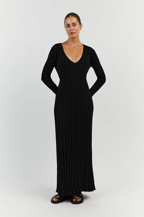 W&W Mode Strickkleid | Modernes Langarm-Damenkleid mit V-Ausschnitt
