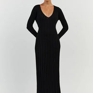 WW Strickkleid | Modernes Langarm-Damenkleid mit V-Ausschnitt