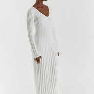 WW Strickkleid | Modernes Langarm-Damenkleid mit V-Ausschnitt