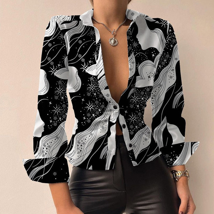 W&W Mode V-Ausschnitt PU-Leder bedruckt Langarm Patchwork-Bluse