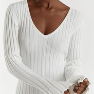 WW Strickkleid | Modernes Langarm-Damenkleid mit V-Ausschnitt