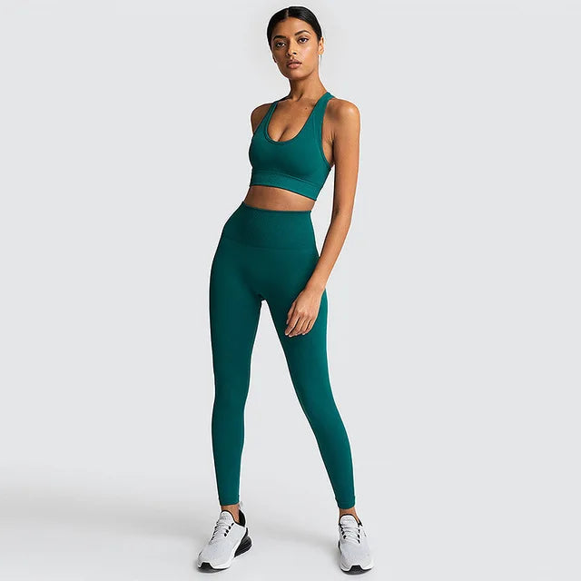 WW | 2 Stk Nahtlose Hyperflex Trainingssport Outfits für Damen Sportbekleidung Athletische Kleidung Gym Lange Ärmel Crop Top Hohe Taille Leggings