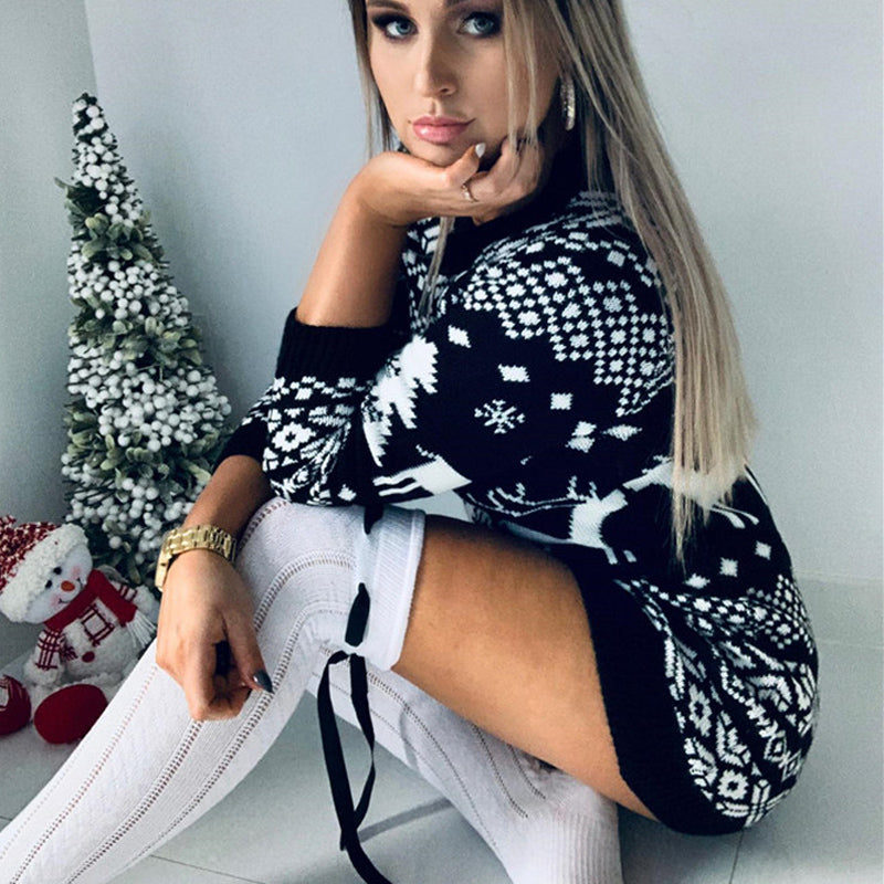 W&W Mode - Hässlicher Weihnachtspulli - Festliches Strickkleid mit Rentier-Muster