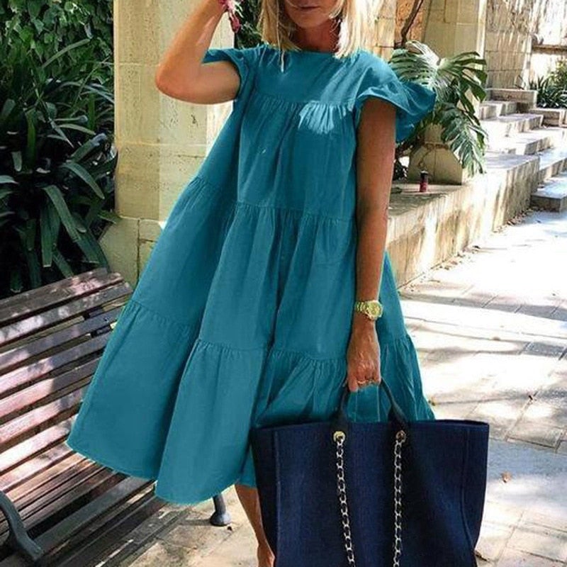 Damen Midikleid mit kurzem Ärmel und ausgestelltem Rock