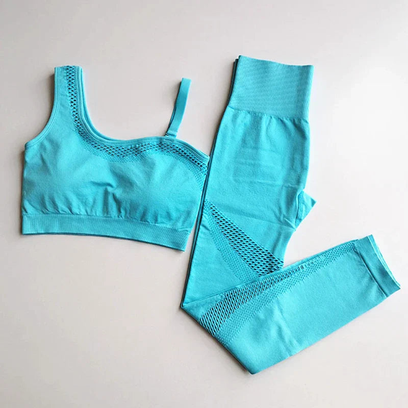WW | Nahtloses Yoga-Set Sport Outfits Frauen 2Pcs Geteilt Hohl Lange Ärmel Crop Top Leggings Trainingskleidung Fitness Set
