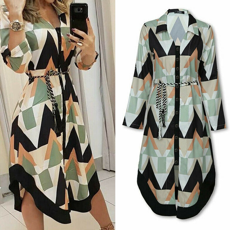 W&W Mode Wellen-Druck Lange Ärmel Kleid