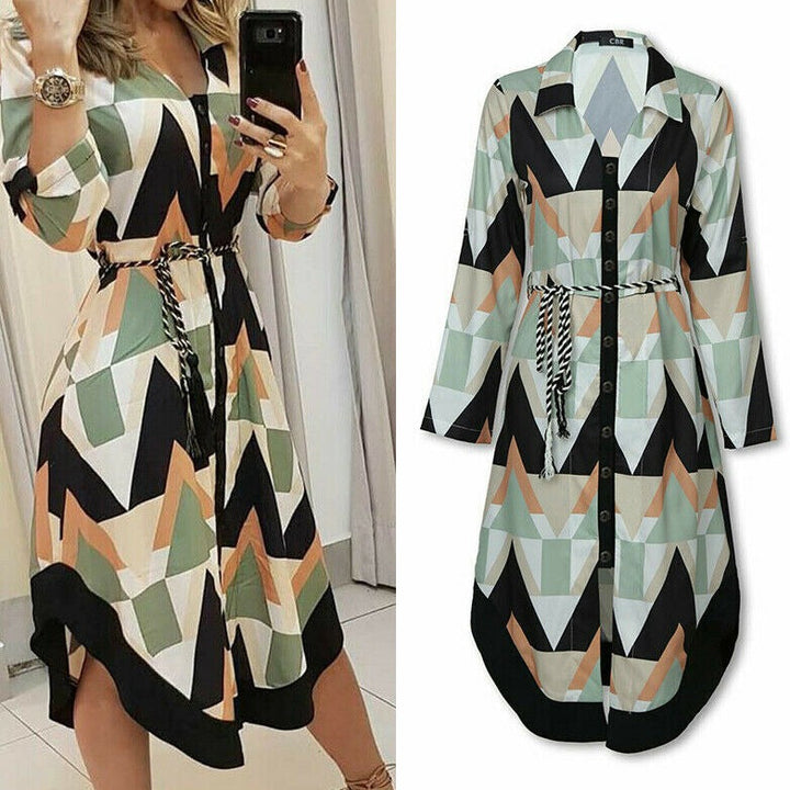 W&W Mode Wellen-Druck Lange Ärmel Kleid