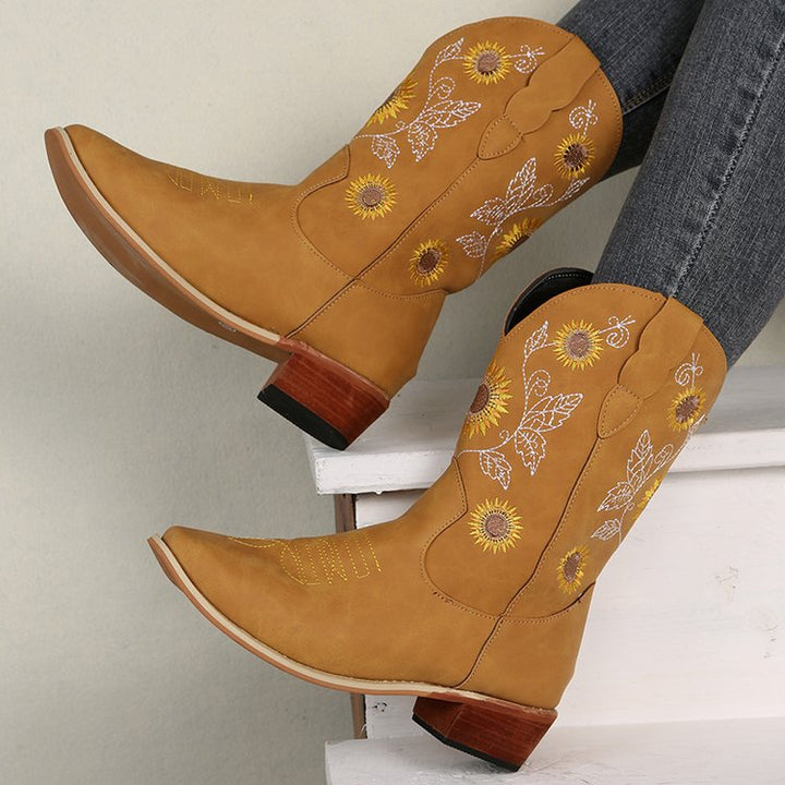 W&W Mode | Hohe Cowboystiefel Mit Sonnenblumendruck
