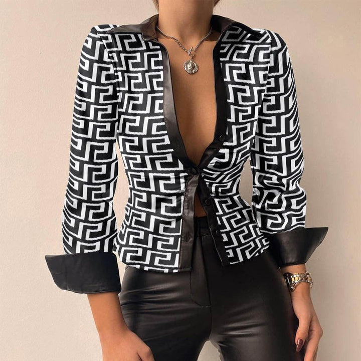 W&W Mode V-Ausschnitt PU-Leder bedruckt Langarm Patchwork-Bluse