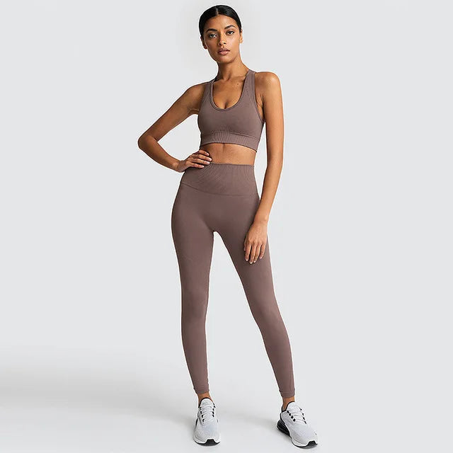 WW | 2 Stk Nahtlose Hyperflex Trainingssport Outfits für Damen Sportbekleidung Athletische Kleidung Gym Lange Ärmel Crop Top Hohe Taille Leggings