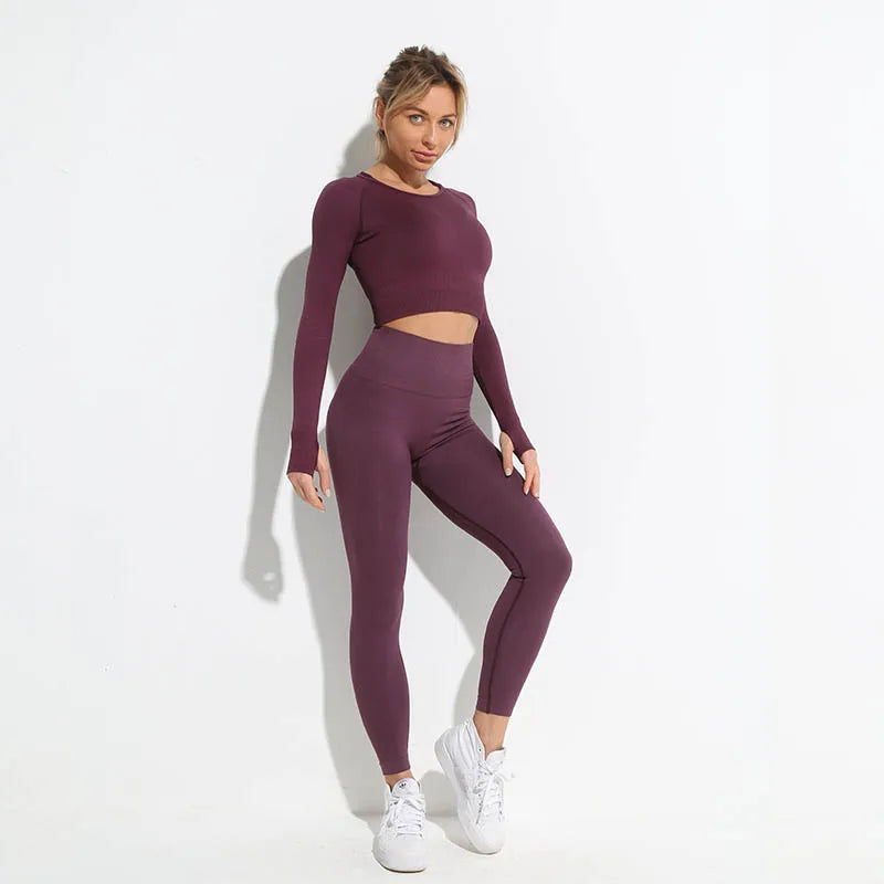 WW | 2 Stk Nahtlose Hyperflex Trainingssport Outfits für Damen Sportbekleidung Athletische Kleidung Gym Lange Ärmel Crop Top Hohe Taille Leggings