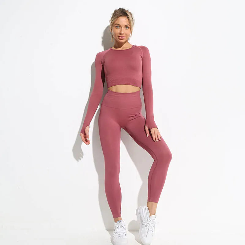 WW | 2 Stk Nahtlose Hyperflex Trainingssport Outfits für Damen Sportbekleidung Athletische Kleidung Gym Lange Ärmel Crop Top Hohe Taille Leggings