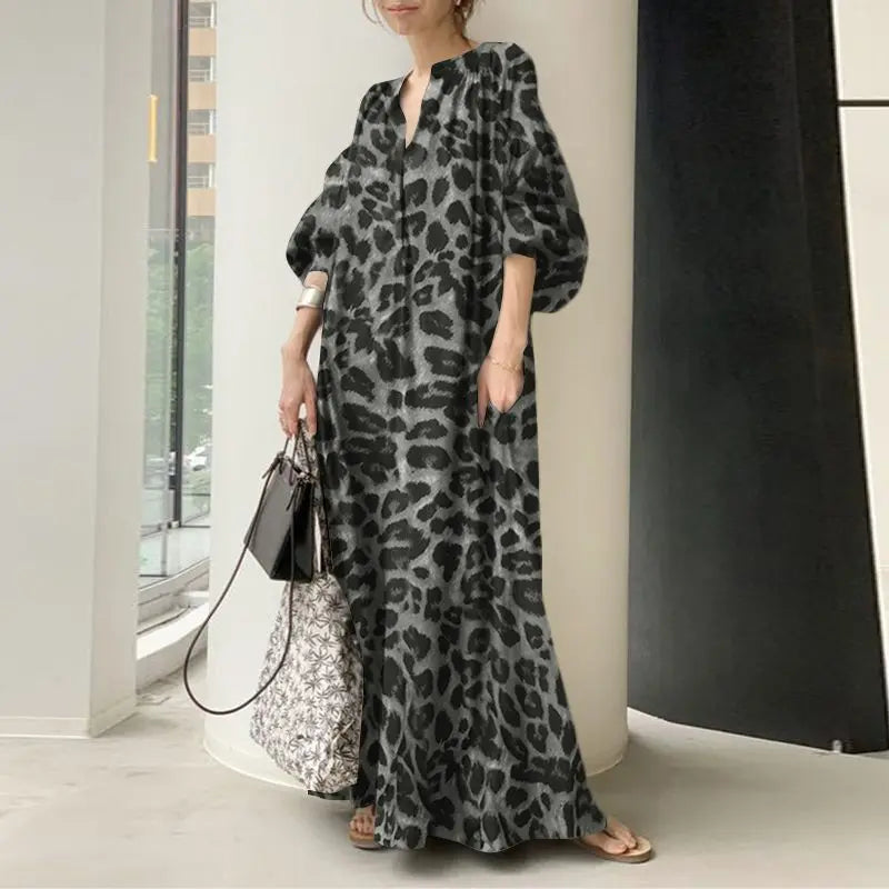 WW Leopardenkleid | Stilvolles, sommerliches, bedrucktes, oversized Maxikleid mit langen Ärmeln