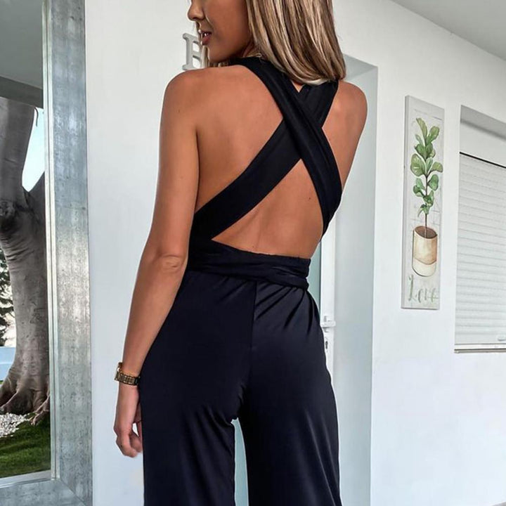 W&W Mode | Eleganter ärmelloser Jumpsuit mit tiefem V-Ausschnitt, Taillenbund und weitem Bein