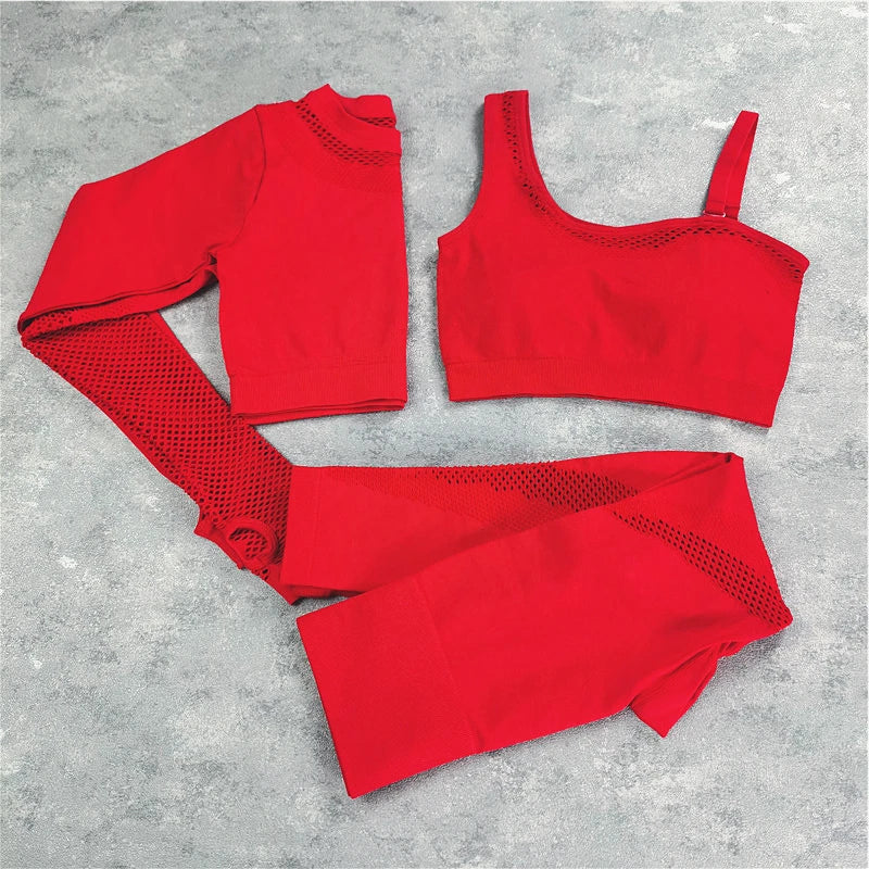WW | Nahtloses Yoga-Set Sport Outfits Frauen 2Pcs Geteilt Hohl Lange Ärmel Crop Top Leggings Trainingskleidung Fitness Set