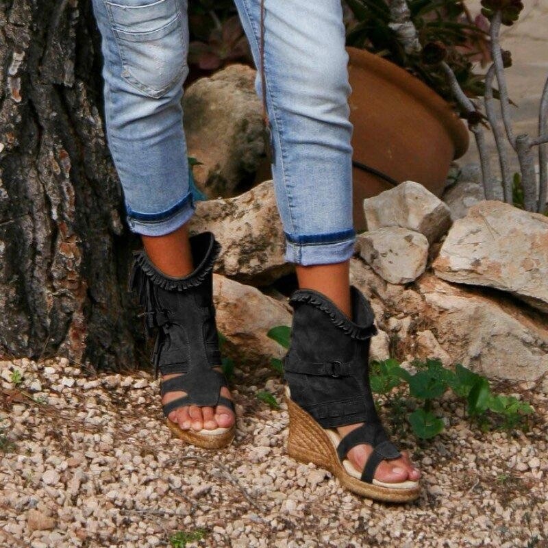 WW | Weinlese PU-Quasten Peeptoe Hohe Keil Sandalen