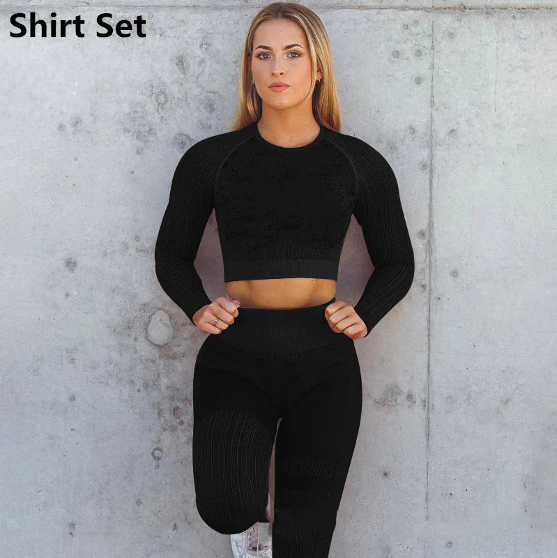 WW | Rid Seamless Yoga Set Frauen 2Pcs To Delet Langarm Crop Top T-Shirt Leggings Outfit Kleidung Fitness Kleidung Fitness Anzug Sport Set