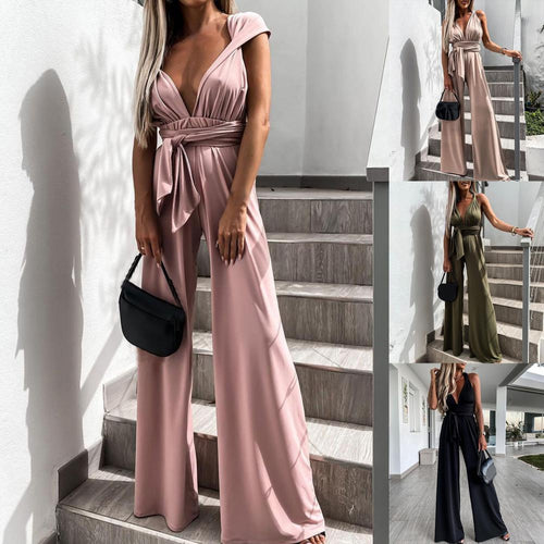 WW | Eleganter ärmelloser Jumpsuit mit tiefem V-Ausschnitt, Taillenbund und weitem Bein