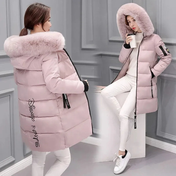 Damen-Steppjacke mit Kapuze und großem Pelzkragen