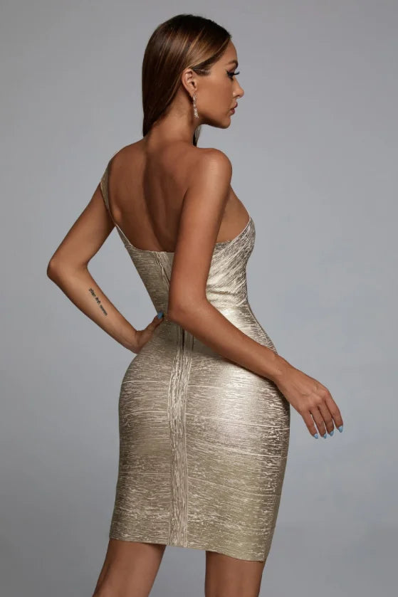 WW | Celebrity Eine Schulter Folierung Gold Druck Rayon Bandage Kleid Elegante Club Party Kleid Vestidos