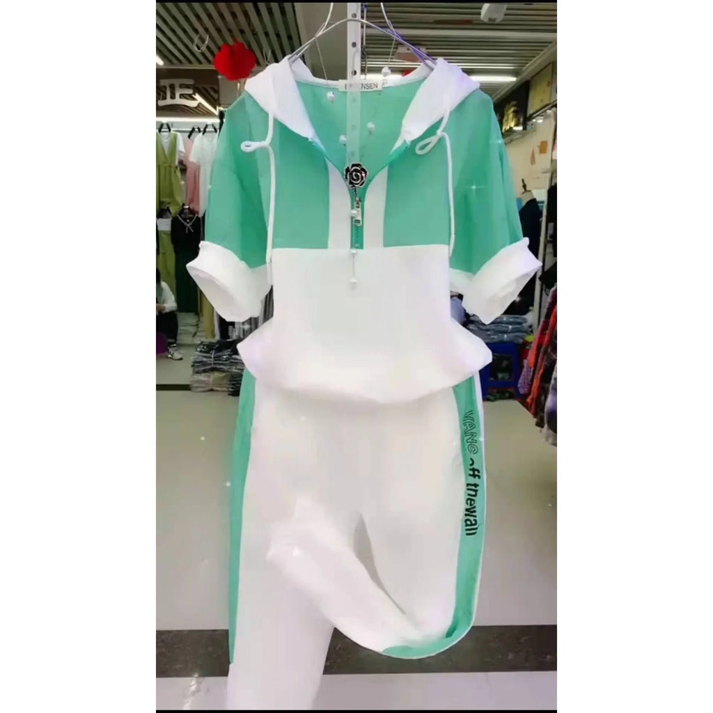 WW | Sommer Frauen Trainingsanzug Locker Mode Lässig Kurze Ärmel Kapuzenoberteil Hose 2 Teilig Set Jogginganzug für Frauen Kleidung