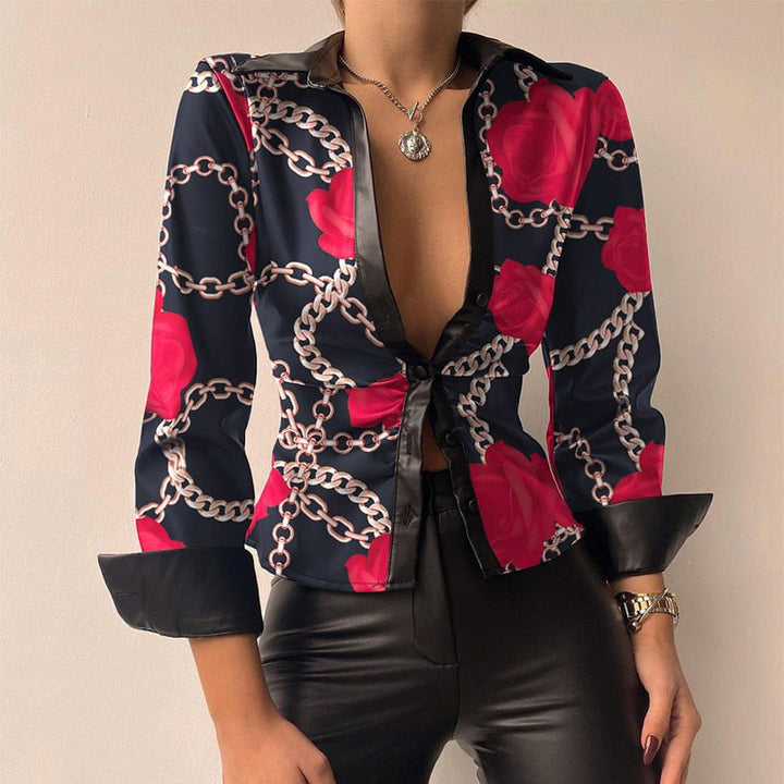 W&W Mode V-Ausschnitt PU-Leder bedruckt Langarm Patchwork-Bluse
