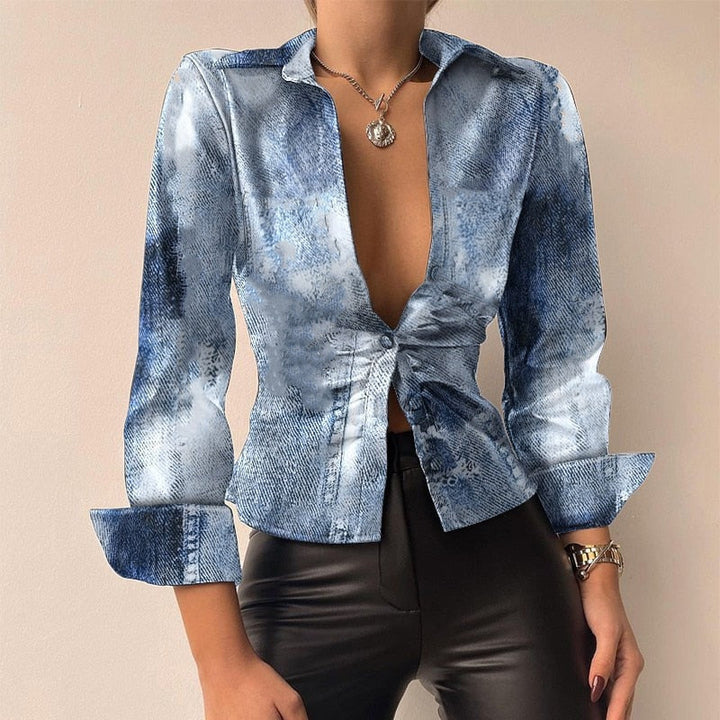W&W Mode V-Ausschnitt PU-Leder bedruckt Langarm Patchwork-Bluse