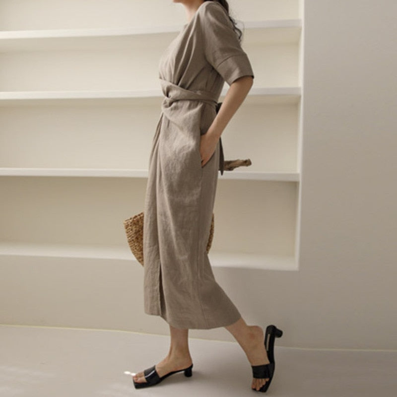 W&W Mode Unregelmäßiges Kleid aus Leinen in Khaki