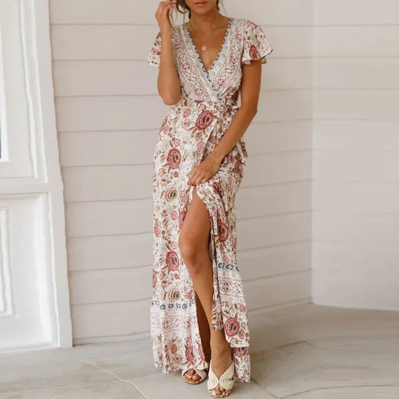 WW | Sommer Maxikleid mit Eleganten Rüschen, Tiefer V-Ausschnitt und Kurzen Ärmeln