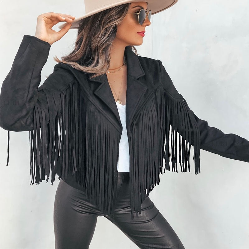 W&W Mode | moka Lederjacke Motorradjacke mit Cowboy-Fransen