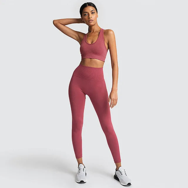WW | 2 Stk Nahtlose Hyperflex Trainingssport Outfits für Damen Sportbekleidung Athletische Kleidung Gym Lange Ärmel Crop Top Hohe Taille Leggings