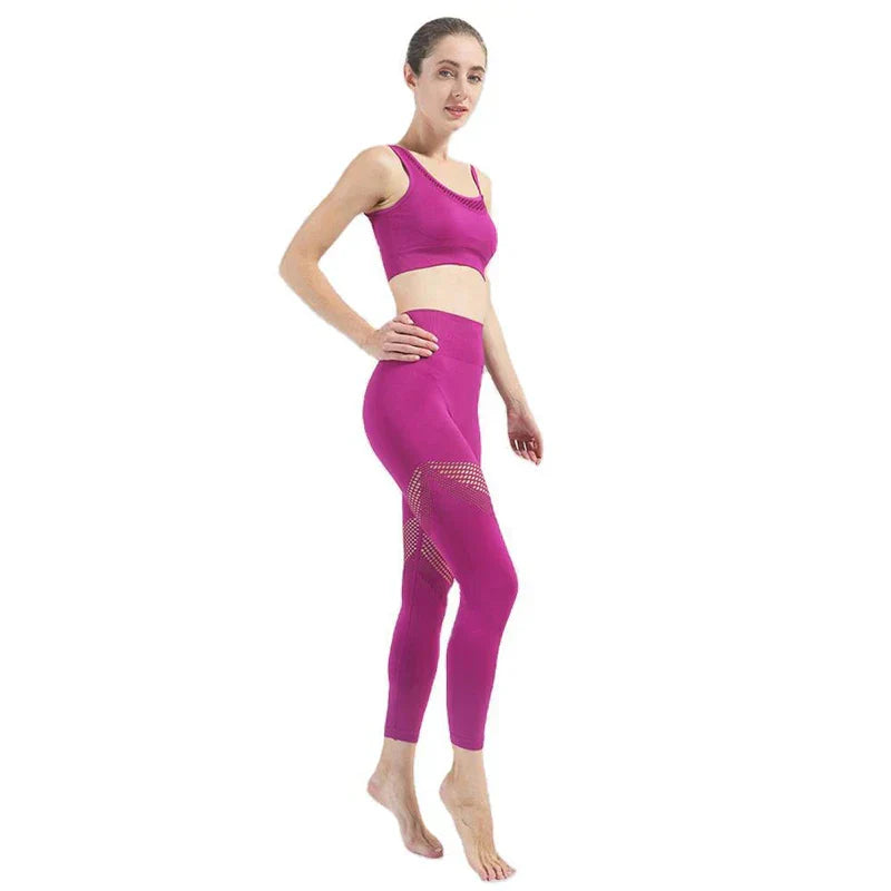 WW | Nahtloses Yoga-Set Sport Outfits Frauen 2Pcs Geteilt Hohl Lange Ärmel Crop Top Leggings Trainingskleidung Fitness Set