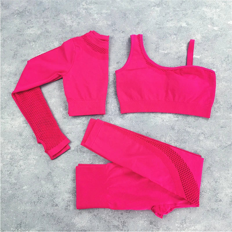 WW | Nahtloses Yoga-Set Sport Outfits Frauen 2Pcs Geteilt Hohl Lange Ärmel Crop Top Leggings Trainingskleidung Fitness Set