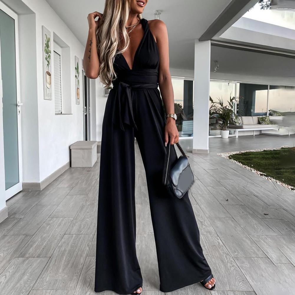 WW | Eleganter ärmelloser Jumpsuit mit tiefem V-Ausschnitt, Taillenbund und weitem Bein