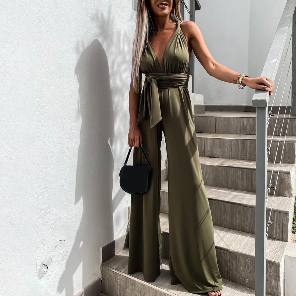 WW | Eleganter ärmelloser Jumpsuit mit tiefem V-Ausschnitt, Taillenbund und weitem Bein