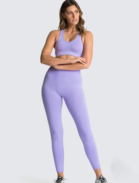 WW | 2 Stk Nahtlose Hyperflex Trainingssport Outfits für Damen Sportbekleidung Athletische Kleidung Gym Lange Ärmel Crop Top Hohe Taille Leggings