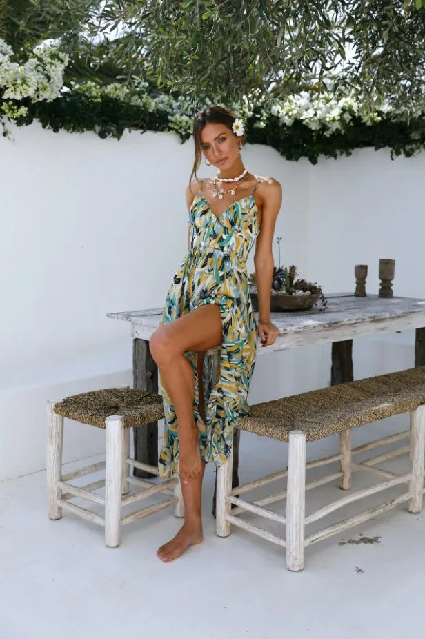 WW Sommerkleid | Midi Damenkleid mit offenem Rücken und Ausschnitt, bedruckt