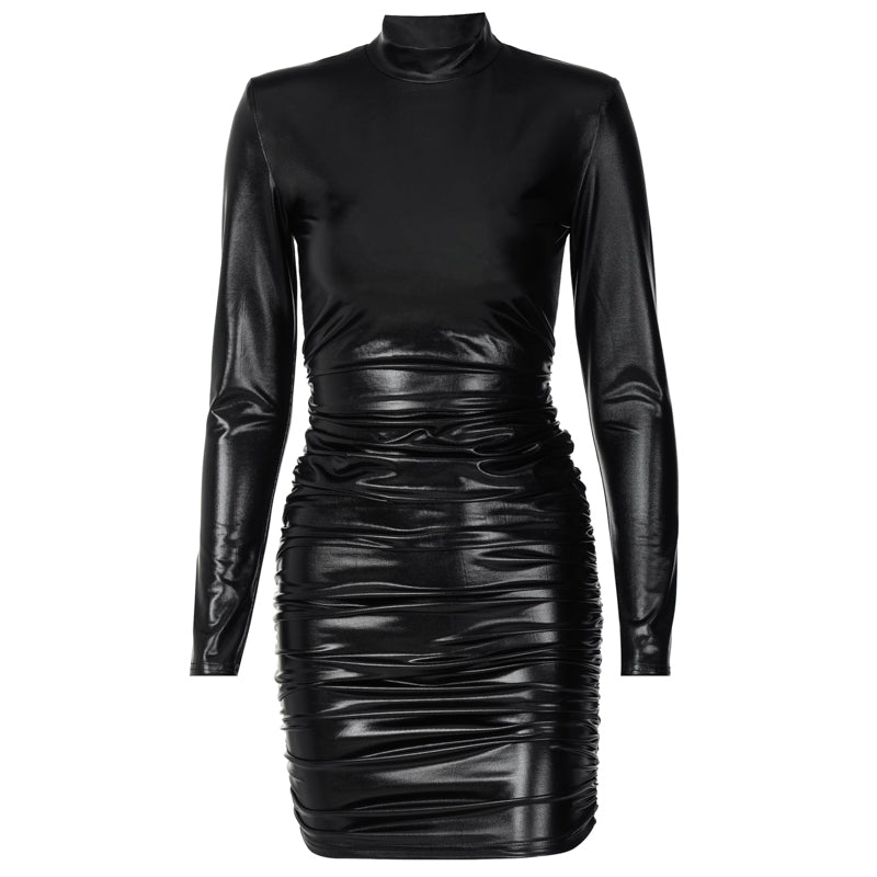 WW | Mini Kleid mit hohem Kragen und langen gerafften Ärmeln