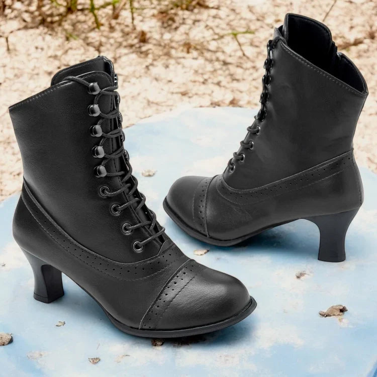 WW | Damen Viktorianische Braune Mid-Heel Schnürstiefel mit Reißverschluss