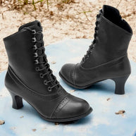 WW | Damen Viktorianische Braune Mid-Heel Schnürstiefel mit Reißverschluss