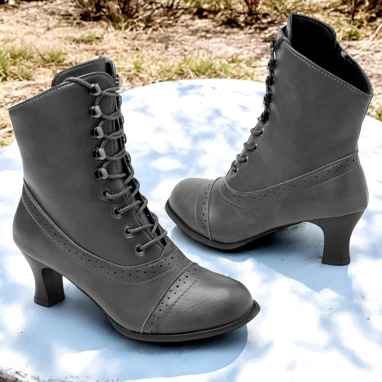 WW | Damen Viktorianische Braune Mid-Heel Schnürstiefel mit Reißverschluss