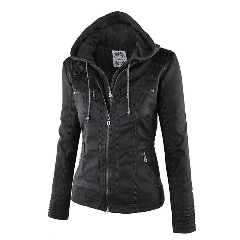 W&W Mode Lederimitat Mantel | Damen Kapuzenjacke: Basic PU-Jacke